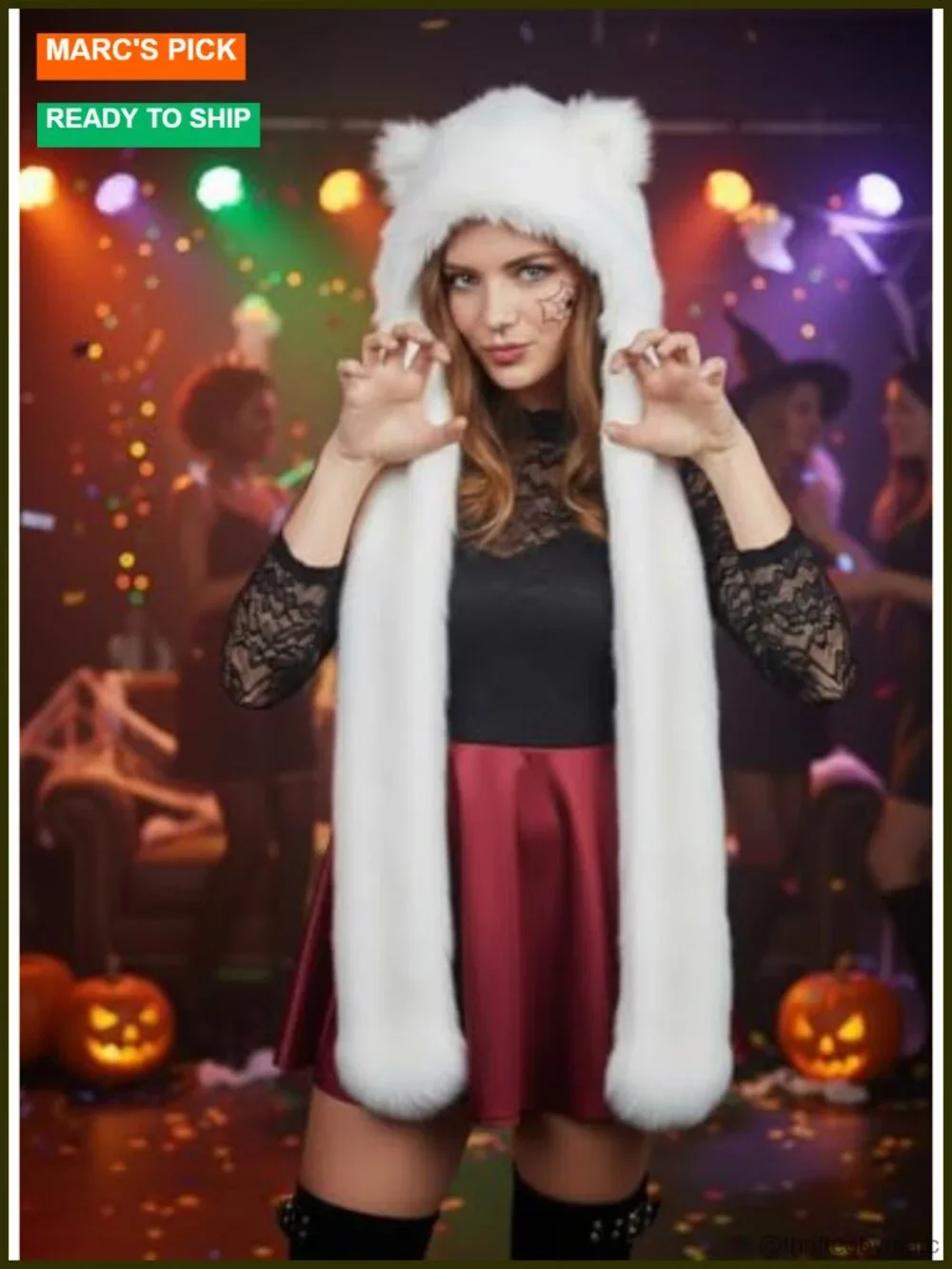 Wolf Faux Fur Hood 3-in-1 Scarf Hat and Mittens with Ears Paws Winter Costume